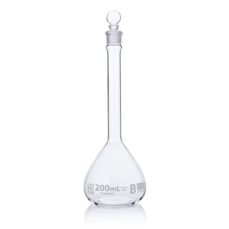 Globe Scientific Flask, Volumetric , Globe Glass, 200mL, Class B, To Contain (TC), ASTME288, 6/Box 8250200